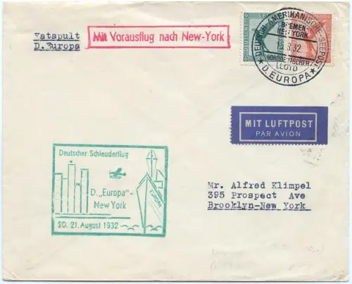 Katapult 1932 Dt. Reich Seepostaufgabe Brief Brooklyn USA Catapult H 101 b/ 1495