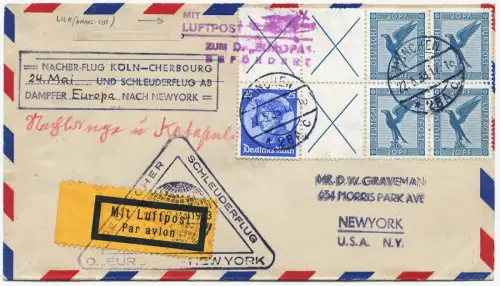 Katapult 1933 Dt. Reich Nachbringeflug Top-Frankatur USA Catapult H 117 c / 1496