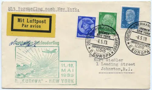 Katapult 1933 Dt. Reich Seepostaufgabe Brief Johnston USA Catapult H 113 b/ 1497