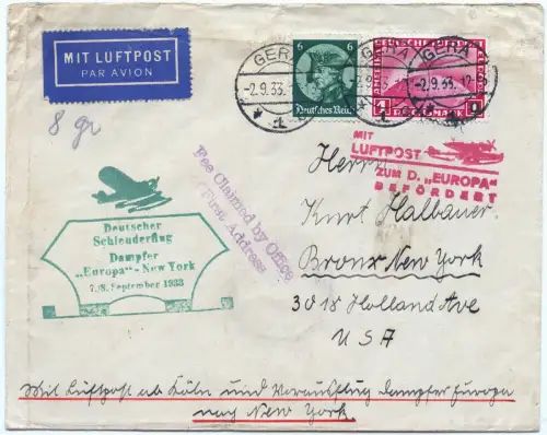 Katapult 1933 Dt. Reich Gera Nachbringeflug Köln USA Catapult H 141 c / 1500