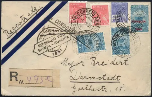 Zeppelin 1931 Brasilien 1. SAF Reko-Brief Rio de Janeiro Darmstadt Si 125 B/2375