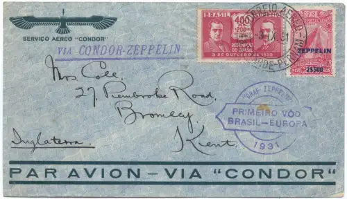 Zeppelin 1931 Brasilien 1. SAF Zeppelin-Frankatur England Brief Si 125 A / 2520