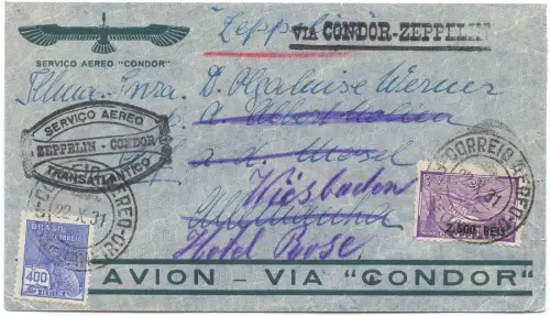 Zeppelin 1931 Brasilien 2. SAF Brief Flugpost-Frankatur Wiesbaden Si 130 C/ 2523