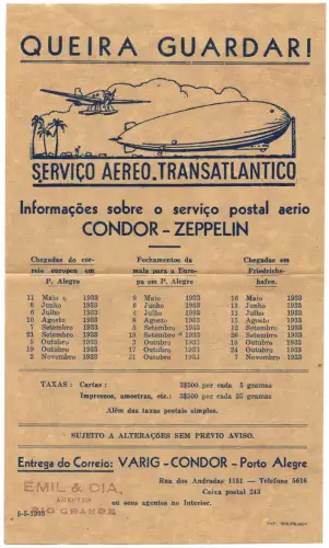 Zeppelin 1933 Brasilien Original-Flugplan Condor Varig Porto Alegre F`hafen/2526