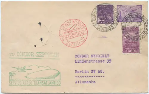 Zeppelin 1932 Brasilien 2. SAF Brief Rio F´hafen Berlin Luftpost Si 144 A / 2529