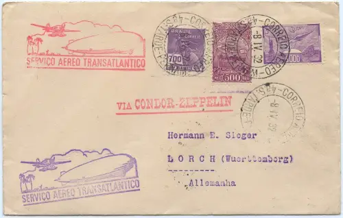 Zeppelin 1932 Brasilien 1. und 2. SAF 2x befördert Lorch Si 139 + 144 / 2530