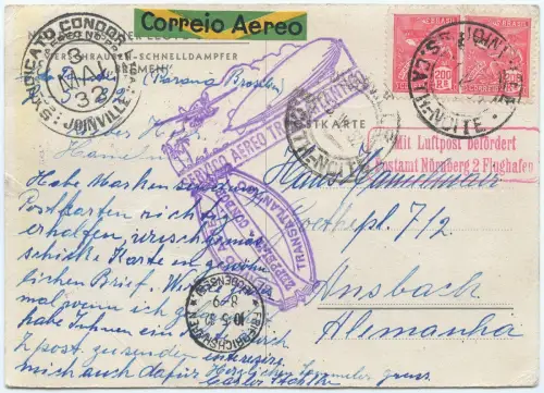 Zeppelin 1932 Brasilien 4. SAF AK Bremen Top-Karte Ansbach Si 158 / 2532