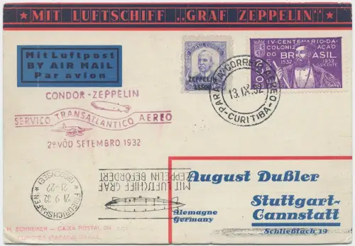 Zeppelin 1932 Brasilien 6. SAF Curitiba Stuttgart Vordruckkarte Si 178 / 2534