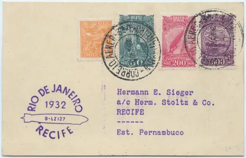 Zeppelin 1932 Brasilien 6. SAF Etappenpost Rio - Recife Postkarte Si 178 B/ 2535