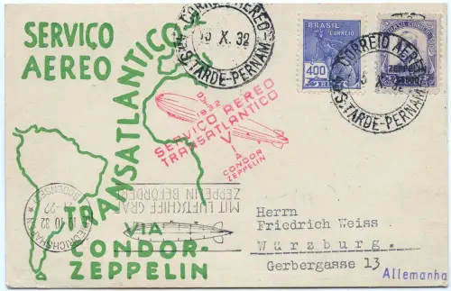 Zeppelin 1932 Brasilien 8. SAF Vordruck-PK Pernambuco Würzburg Si 190 / 2539