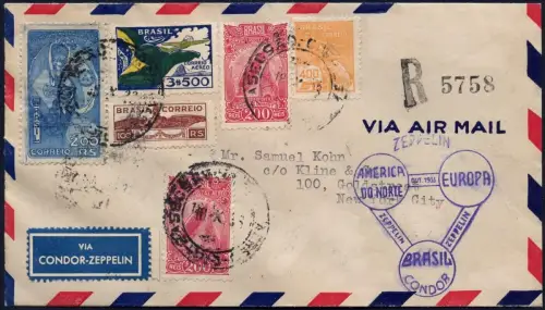 Zeppelin 1933 Brasilien Chicagofahrt Recife Akron Reko-Brief Si 239 A / 1967