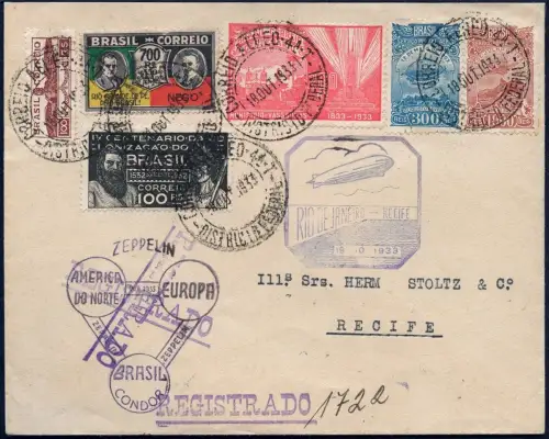 Zeppelin 1933 Brasilien Chicagofahrt Etappe Rio Recife Rekobrief Si 239 D /1965