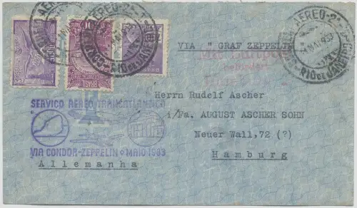 Zeppelin 1933 Brasilien 1. SAF Rio de Janeiro Hamburg Luftpost Si 205/ 2544