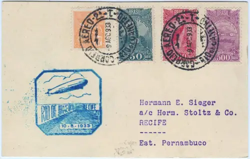 Zeppelin 1933 Brasilien 4. SAF Etappenpost Rio Recife Postkarte Si 224 C / 2546