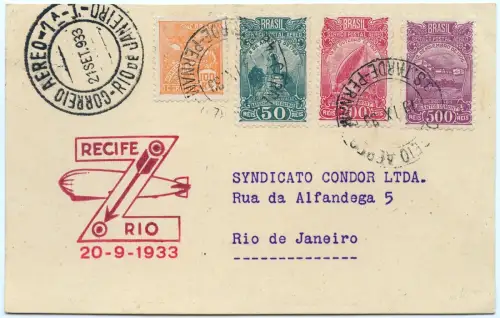 Zeppelin 1933 Brasilien 7. SAF Etappenpost Recife Rio Postkarte Si 233 B / 2547