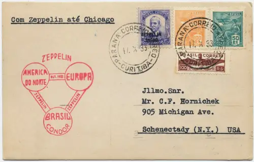 Zeppelin 1933 Brasilien Chicagofahrt Curitiba Chicago Schenectady Si 239 A/ 2549
