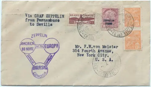 Zeppelin 1933 Brasilien Chicagofahrt Recife Sevilla New York Brief 239 B / 2550