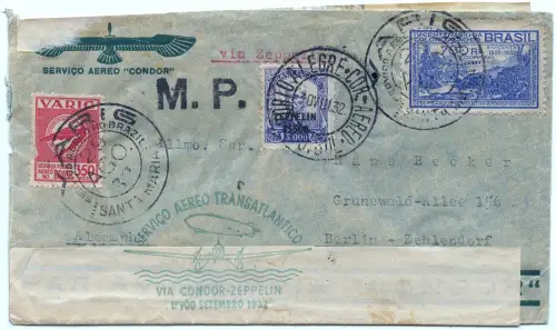 Zeppelin 1932 Brasilien 5. SAF VARIG MiF Santa Maria Berlin Zensur Si 172 / 2554