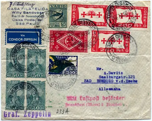 Zeppelin 1933 Brasilien 7. SAF VARIG MiF Sao Paulo Bad Homburg Si 233 / 2556