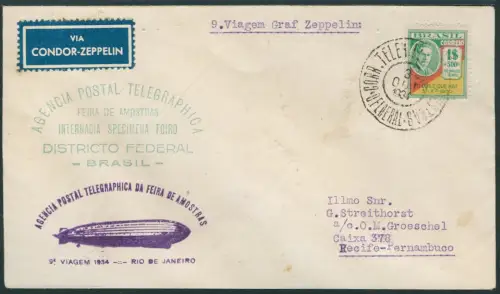 Zeppelin Brasilien 1934 9. Südamerikafahrt Messepostamt Recife EF Si 278 AA/ 953