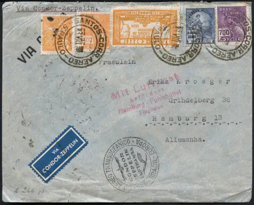 Zeppelin Brasilien 1934 5. SAF MiF aus Santos nach Hamburg Si 266 A / 1468