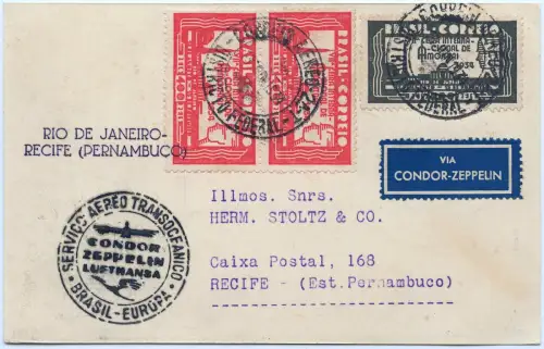 Zeppelin 1934 Brasilien 2. SAF Etappenpost Rio Recife Postkarte Si 252 C / 2560