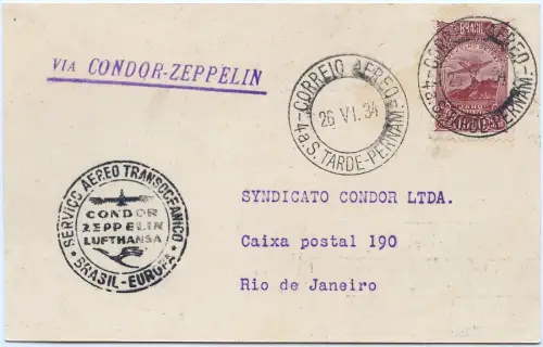 Zeppelin 1934 Brasilien 3. SAF Etappenpost Recife Rio Postkarte Si 255 C / 2562