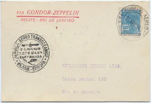 Zeppelin 1934 Brasilien 6. SAF Etappenpost Recife Rio Postkarte Si 269 D / 2565