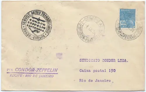Zeppelin 1934 Brasilien 7. SAF Etappenpost Recife Rio Brief Si 272 D / 2566
