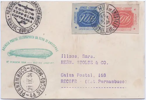 Zeppelin 1934 Brasilien 8. SAF Etappenpost Mustermesse Rio Recife Si 275 AA/2569
