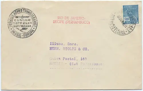Zeppelin 1934 Brasilien 9. SAF Etappenpost Rio Recife Brief Si 278 E / 2570