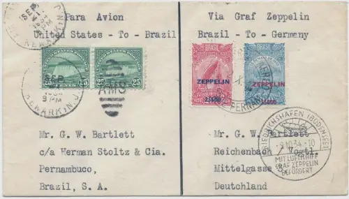 Zeppelin 1934 Brasilien 9. SAF Zuleitung USA Reichenbach Brief Si 278 A / 2571