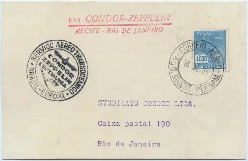 Zeppelin 1934 Brasilien 10. SAF Etappenpost Recife Rio Postkarte Si 281 D / 2572