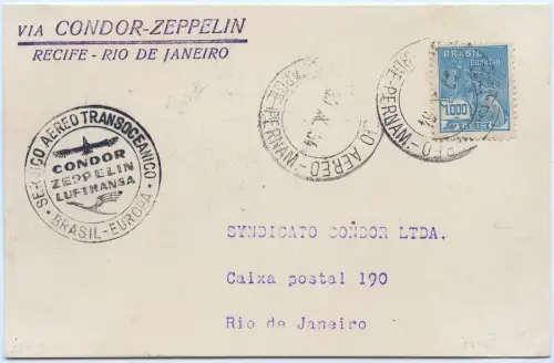 Zeppelin 1934 Brasilien 11. SAF Etappenpost Recife Rio Postkarte Si 284 D / 2573