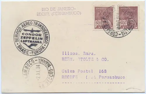 Zeppelin 1934 Brasilien 11. SAF Etappenpost Rio Recife Postkarte Si 284 E / 2574