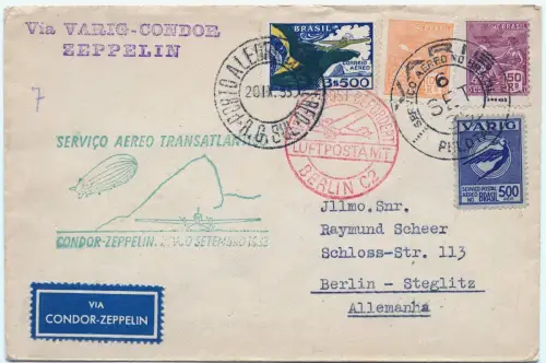 Zeppelin 1933 Brasilien 7. SAF VARIG MiF Pelotas Berlin Brief Si 233 / 2576