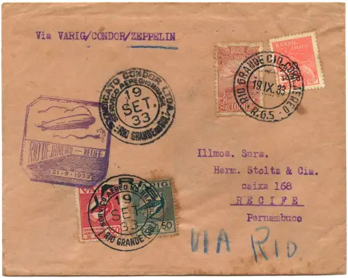 Zeppelin 1933 Brasilien 7. SAF VARIG MiF Etappenpost Rio Recife Si 233 / 2578