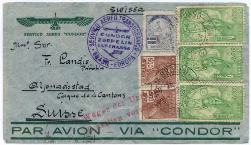 Zeppelin 1935 Brasilien 16. SAF 3. PF Cuyaba Verzögerungsstempel Si 342 / 2454