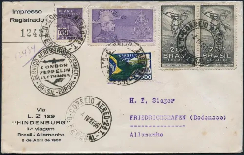 Zeppelin Brasilien 1936 1. SAF LZ 129 Reko-Karte Rio Friedrichshafen Si 404/1956
