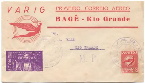 Brasilien 1932 First Flight FFC Erstflug Varig Bage Rio Grande Brief / 1502
