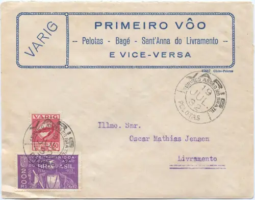 Brasilien 1932 First Flight FFC Erstflug VARIG Pelotas Livramento Brief / 1504