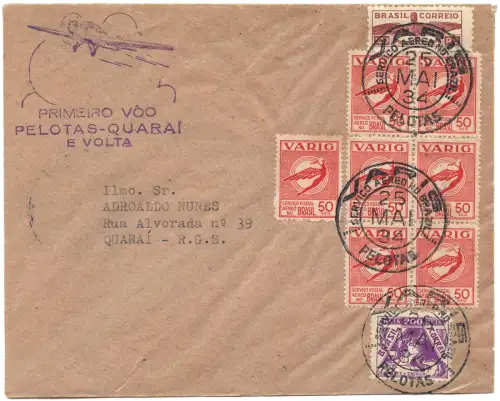 Brasilien 1934 First Flight FFC Erstflug VARIG Pelotas Quarai Brief / 1507