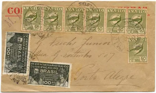 Brasilien 1932 VARIG MiF V 26 x7 Pelotas nach Porto Alegre Ankunftsstempel /1513