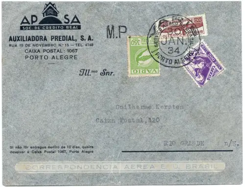 Brasilien 1934 VARIG MiF V 36 Brief Porto Alegre Rio Grande Ankunftsstempel/1516