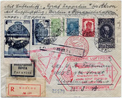 Zeppelin Russland UdSSR 1933 Chicagofahrt Reko-Brief Akron USA Si 238 E/ 810 RAR