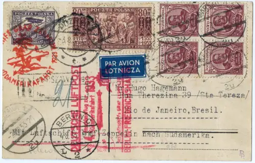 Zeppelin 1933 Polen 4. SAF Warschau Posen Berlin Rio Postkarte Si 223 B / 2463