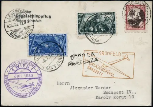 Vatikan 1933 Kronfeld Segelschleppflug MiF Italien Wien Rom Budapest Karte / 855