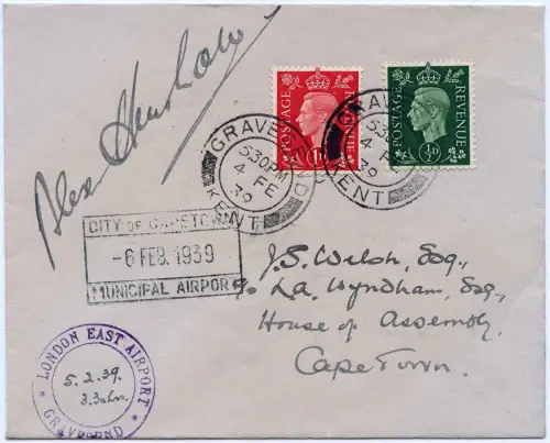 GB 1939 Rekordflug Gravesend Cape Town Südafrika Autograph Alex Henshaw / 1215