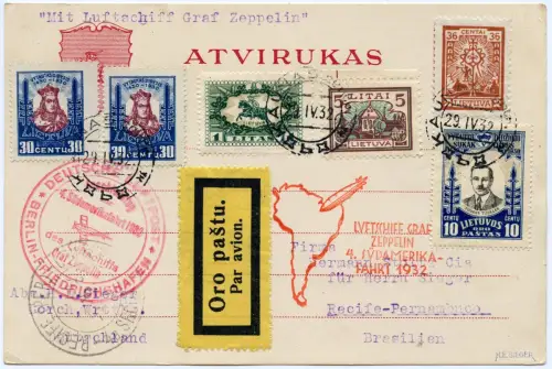 Zeppelin 1932 Litauen 4. SAF Anschlussflug Berlin Kaunas Brasilien Si 157 / 2510