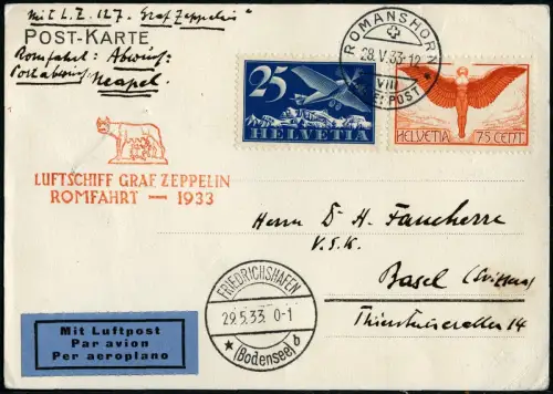 Zeppelin Schweiz 1933 Italienfahrt Romanshorn Abwurf Neapel Si 207 Da / 729